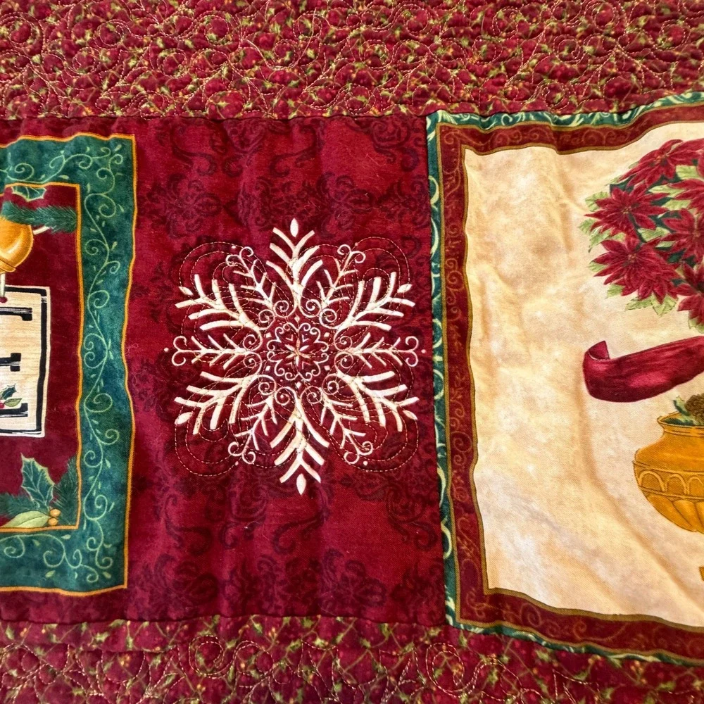 Handmade Quilted Christmas Table Runner Reversible Jingle Poinsettia Snowflake